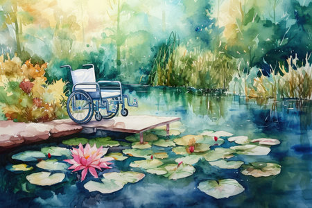 A realistic painting of a wheelchair positioned on a wooden dock extending over a calm pond, Watercolor painting of a tranquil rehabilitative therapy, AI Generatedの素材