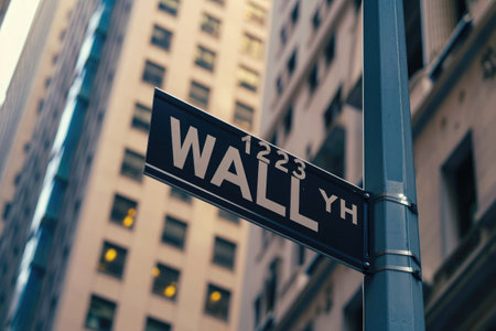 A detailed view of a street sign attached to a metal pole, providing clear direction to motorists and pedestrians, Wall Street sign symbolizing stock market trading, AI Generatedの素材