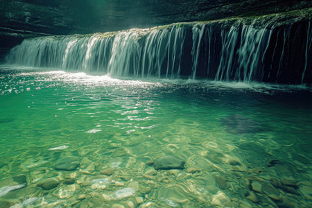 A photo showcasing the dazzling emerald hue and remarkable transparency of the water in an unspoiled coastal area, Waterfall cascading into a vibrant emerald pool, AI Generatedの素材