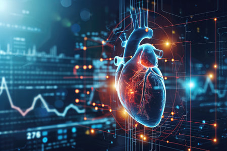 A digital screen prominently shows a perfectly shaped heart, captivating attention, Wearable technology detecting heartbeat irregularities, AI Generatedの素材