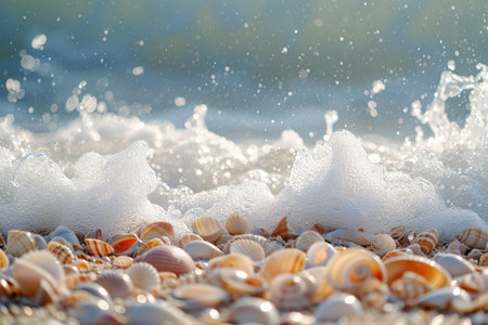A detailed view capturing a collection of different seashells arranged haphazardly on the sandy shore of a beach, Waves crashing on a sandy beach filled with seashells, AI Generatedの素材