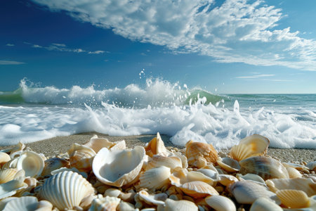 A collection of various seashells scattered on a sandy beach, as a wave rolls in towards the shore, Waves crashing on a sandy beach filled with seashells, AI Generatedの素材