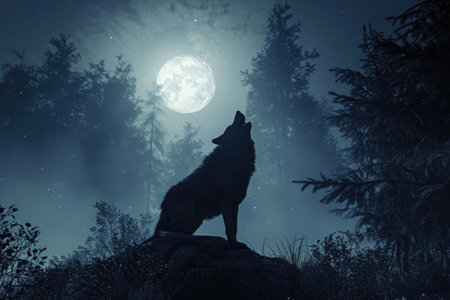 A wolf confidently stands atop a rock amidst a dark forest, illuminated only by the moonlight, Werewolf howling into the midnight sky amidst a spooky forest, AI Generatedの素材