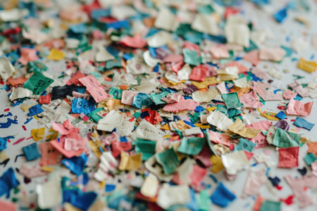 A vibrant assortment of confetti stacked on a tabletop, Words and phrases written on tiny pieces of confetti, AI Generatedの素材