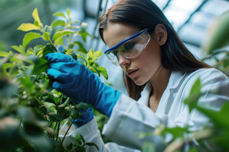 A woman wearing a lab coat and goggles carefully examines plants in a laboratory setting, Woman scientist altering plant DNA, AI Generatedの素材