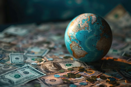 A globe is placed on a pile of money, depicting the connection between wealth and global influence, World globe with various currencies floating around it, AI Generatedの素材