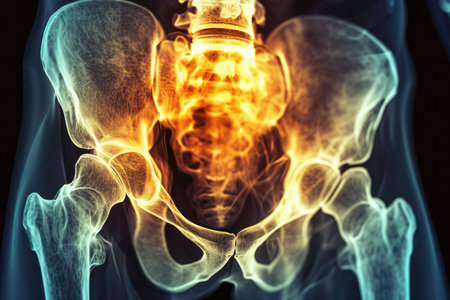 This x-ray image showcases a mans stomach, highlighting the internal organs and the functioning of the digestive system, X-ray film of a human hip joint in 3D, AI Generatedの素材