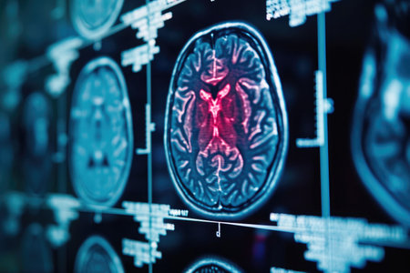 A detailed view of a computer screen displaying a brain scan, X-ray film showing brain ventricles in 3D detail, AI Generatedの素材