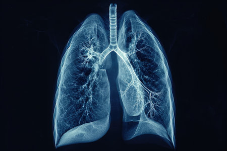 This x-ray image captures a detailed view of the lungs, revealing the structure and functioning of the respiratory system, X-ray film of the human lung in 3D, AI Generatedの素材
