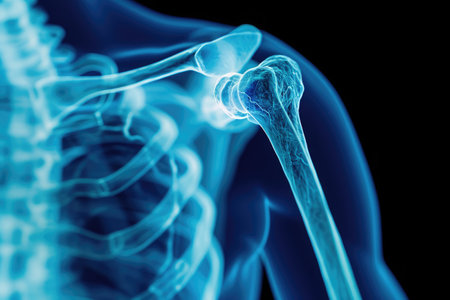 This photo showcases a blue x-ray image of a human skeleton, providing detailed insight into the internal structure, X-ray visual of a human shoulder in 3D, AI Generatedの素材
