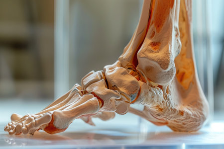 This detailed photo captures the complex structure of a human foot, showcasing the exposed bones and their interconnections, A 3D model of a sprained ankle, AI Generatedの素材