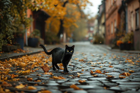 A black cat walks down a cobblestone road, its sleek fur contrasting against the rugged surface, A black cat crossing a cobblestone street on Halloween, AI Generatedの素材