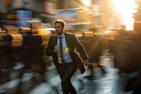 A professional man wearing a suit and tie confidently walks down a bustling urban street, A businessman rushing through crowded city streets, AI Generatedの素材