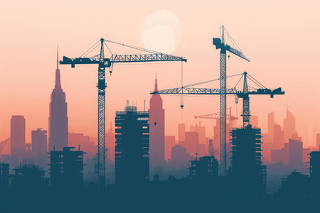 A busy city skyline featuring multiple cranes in the foreground, showcasing ongoing construction activities, A city skyline under construction featuring cranes with AI-assisted controls, AI Generatedの素材