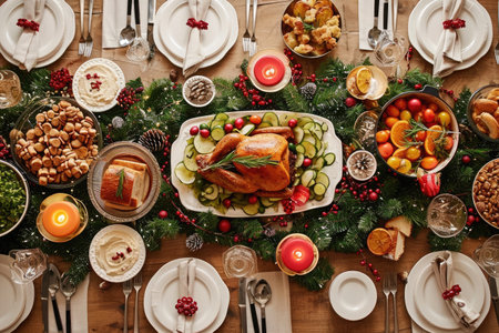 A table filled with various food items, including a roasted turkey, fruits, and a variety of other dishes, A Christmas dinner table setting with all traditional dishes, AI Generatedの素材