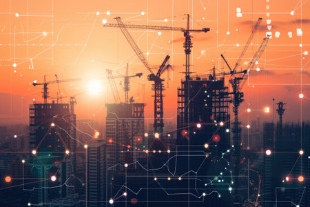 City Skyline Abuzz With Construction Cranes, A city skyline under construction featuring cranes with AI-assisted controls, AI Generatedの素材