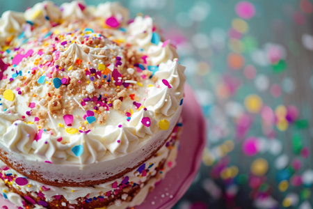 Foto de A delectable three layer cake covered in white frosting and adorned with colorful sprinkles, A close-up of a birthday cake surrounded by colorful confetti, AI Generated - Imagen libre de derechos