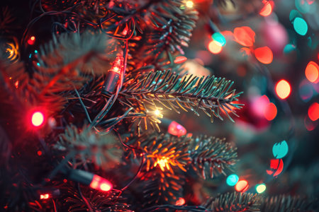 Close-Up of a Christmas Tree With Lights, A close-up of intricate Christmas lights on a tree, AI Generatedの素材