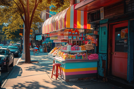 A vibrant street scene featuring a candy stand on the side of the road, with pedestrians walking past, A colorful ice cream stand on a sunlit boulevard, AI Generatedの素材