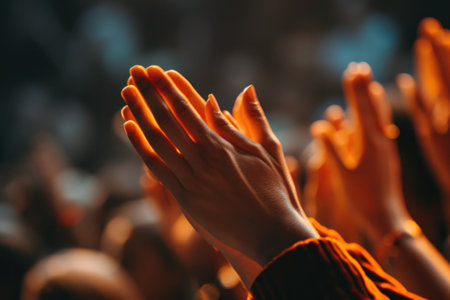 A diverse group of individuals enthusiastically lift their arms upward, expressing unity and celebration, A close-up shot of hands clapping in celebration, AI Generatedの素材