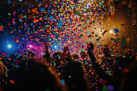 A lively group of people joyfully celebrating at a party, surrounded by colorful confetti, A confetti-filled atmosphere at a surprise party, AI Generatedの素材