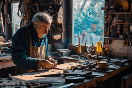 An older man meticulously works on a piece of wood, using various tools to shape and refine it, A craftsman working diligently in his workshop, AI Generatedの素材