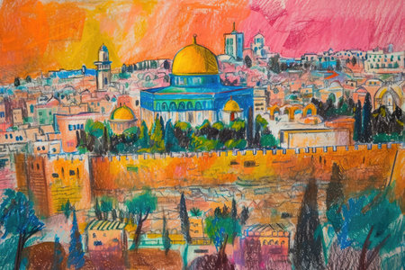 The painting depicts the iconic Dome of the Rock situated in the bustling heart of the city, A colorful sketch of Jerusalem during the Hanukkah festival, AI Generatedの素材
