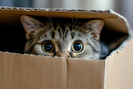 A curious cat peers out of a cardboard box, its eyes wide with interest, A curious cat peeking out from a cardboard box, AI Generatedの素材
