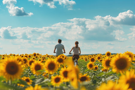 A man and a woman are seen riding bikes through a vibrant field of sunflowers on a sunny day, A couple riding bicycles through a sunflower field, AI Generatedの素材