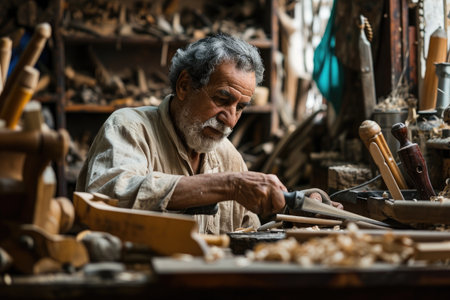 A man focuses on his woodworking project, diligently shaping a piece of wood with precision and skill, A craftsman working diligently in his workshop, AI Generatedの素材