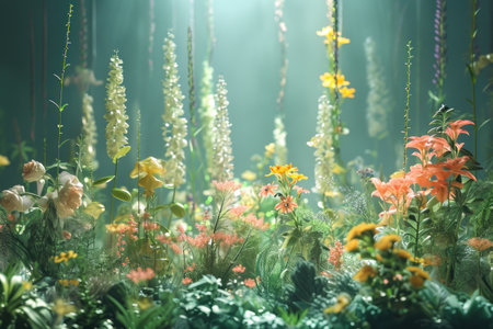 A group of colorful flowers scattered across a lush green grassy field, A conceptual artwork of plants communicating through bio-signals, AI Generatedの素材