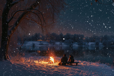 Two individuals sit around a campfire in the snowy outdoors, enjoying the warmth and company, A couple enjoying a bonfire on a snowy night, AI Generatedの素材