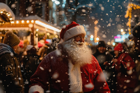 A man dressed as Santa Claus confidently walks through the snow-covered landscape, spreading holiday cheer, A delightful scene of a Christmas parade in town, AI Generatedの素材