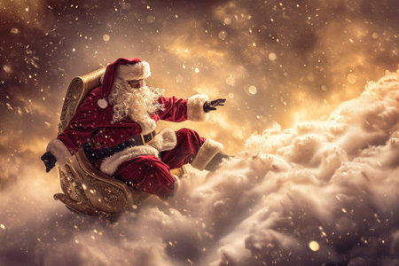 A man dressed as Santa Claus is depicted sitting on a cloud, A dreamy image of Santa Claus flying over the North pole, AI Generatedの素材