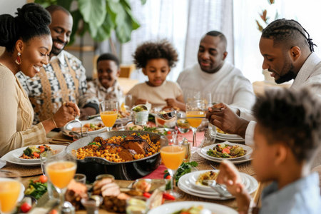 Several individuals gathered around a table, actively engaged in eating and enjoying their meal together, A family gathered around the dining table, sharing a cheerful meal, AI Generatedの素材