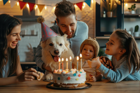 A family gathers together to celebrate a birthday, with their beloved dog joining in the festivities, A family celebrating their pet's birthday with hats and cake, AI Generatedの素材