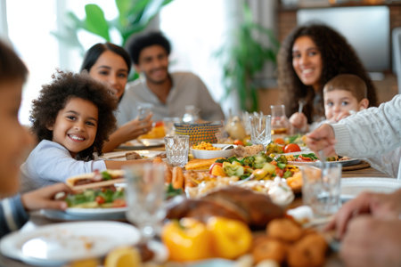 A Group of People Sitting Around a Dinner Table, A family gathered around the dining table, sharing a cheerful meal, AI Generatedの素材