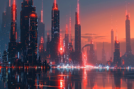 This photo captures a city at night, with numerous lights reflecting beautifully in the water, A futuristic digital city glowing in the evening, AI Generatedの素材