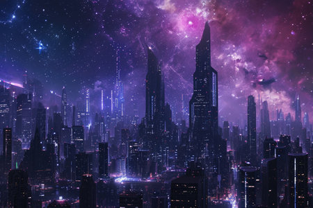 A Vast Metropolis Filled With Tall Skyscrapers, A futuristic cityscape under a nebula-lit night sky, AI Generatedの素材