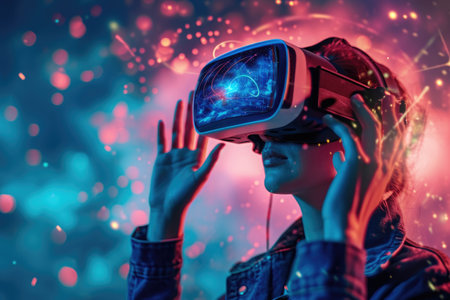 A woman wearing a virtual reality headset, fully immersed in a simulated digital environment, A futuristic look at the role of virtual reality in digital marketing, AI Generatedの素材