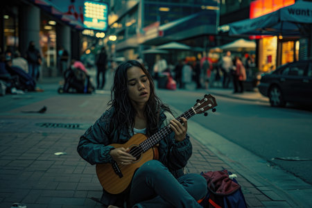 A woman sits on the sidewalk, playing a guitar, A girl playing a ukulele in an urban setting, AI Generatedの素材