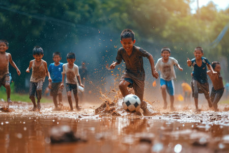 Group of Children Playing Soccer in a Muddy Field, A group of kids playing football on a muddy field, AI Generatedの素材