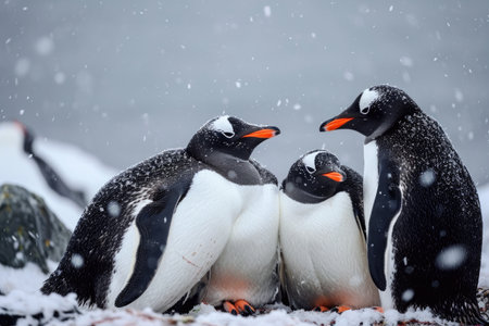 A group of penguins standing next to each other in the snow, showcasing their unique black and white plumage, A group of penguins huddled together in icy Antarctic weather, AI Generatedの素材