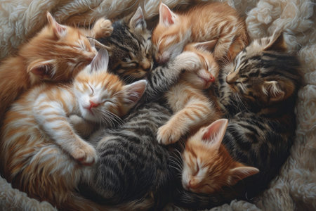 A collection of adorable kittens peacefully snooze in a cozy basket, creating an incredibly cute scene, A group of playful kittens curled up for a nap, AI Generatedの素材