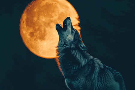 A wolf stands boldly in front of a full moon, showcasing its majestic presence against the nighttime sky, A howling wolf against the backdrop of a full moon, AI Generatedの素材