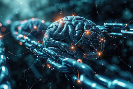 Interconnected Chain Binding to Human Brain, A human brain with blockchain chains, representing the concept of intellectual blockchain technology, AI Generatedの素材