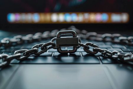 A detailed view of a metal chain resting on the keys of a laptop keyboard, A laptop with a chain and a lock symbolizing device security, AI Generatedの素材