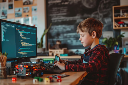 A young boy sits at a desk, focused and engaged, as he uses a computer for learning or entertainment, A kid learning programming with a learning kit, AI Generatedの素材