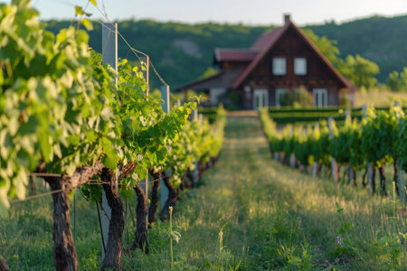 House in the Background of a Vineyard, A lush vineyard ripening in the summer sun with a rustic farmhouse in the backdrop, AI Generatedの素材