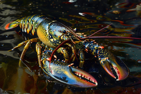 A vibrant lobster is seen floating in the water, showcasing its colorful shell and graceful movement, A lobster in the style of Salvador Dali, AI Generatedの素材
